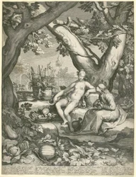 Vertumnus, der die Gestalt einer alten Frau annimmt, um Pomonas Liebe zu gewinnen